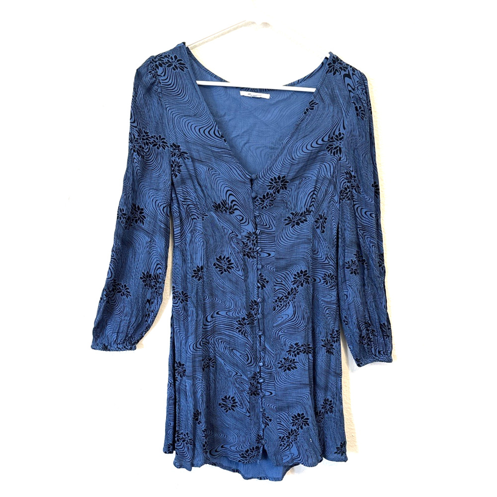 O’Neill Mini Dress Blue‎ Swirl Print Long Sleeve Deep V Beach Cover M